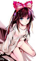 as109 blood blue_eyes blush bow clothing face female green_eyes hairbow heterochromia highres kneeling legs long_hair looking_up menophilia menstruation multicolored_hair nipples original period_blood purple_hair see-through shirt_lift solo straight_hair