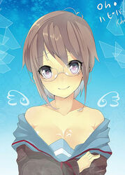 bare_shoulders breasts cleavage cum cum_on_body cum_on_breasts cum_on_upper_body female female_only glasses human jpeg_artifacts koba nagato_yuki nagato_yuki_(shoushitsu) smile solo suzumiya_haruhi_no_shoushitsu suzumiya_haruhi_no_yuuutsu