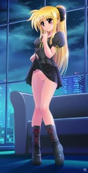 blonde_hair blush boots city couch fate_testarossa flat_chest highres kamogawa_tanuki long_hair lyrical_nanoha mahou_shoujo_lyrical_nanoha night night_sky no_panties ponytail pussy pussy_juice red_eyes ribbon skirt skirt_lift sky solo tied_hair uncensored