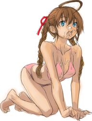 arika_yumemiya barefoot bikini blue_eyes braid breasts brown_hair clothed cum cum_on_body cum_on_breasts cum_on_upper_body drip dripping facial mai_otome my-otome sabunaa sketch swimsuit twin_braids white_background