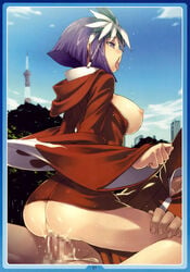 ass censored clothed_sex clothing cowgirl_position cum feathers fucked_silly headdress highres hoodie kuzuryu_amane kuzuryuu_amane large_breasts megami_ibunroku_devil_survivor mosaic mosaic_censoring penis purple_eyes purple_hair sex short_hair straddle tasaka_shinnosuke tongue