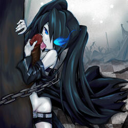 belt black_rock_shooter black_rock_shooter_(character) censored chains fellatio glowing glowing_eyes hair_over_one_eye licking mound_of_venus okoge oral penis precum sex shorts