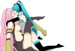 aqua_hair areolae blush boots breasts closed_eyes female french_kiss hatsune_miku kissing large_breasts leg_lock legs long_hair megurine_luka multiple_girls nipples open_clothes open_shirt pink_hair shirt simple_background single_shoe straight_hair suko_mugi sweat tears thighhighs tied_hair tongue twintails very_long_hair vocaloid yuri