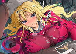 blackmail blonde_hair blush bodysuit breasts cleavage copyright_request cum cum_on_clothes cum_under_clothes female forced forced_paizuri from_above hand_on_head helmet jajala large_breasts long_hair looking_up male paizuri paizuri_under_clothes penis photo_(object) pov purple_eyes rape space spacesuit straight straight_hair tears translated