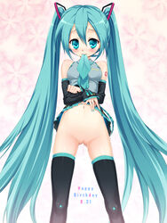 aqua_eyes aqua_hair blush detached_sleeves hatsune_miku headphones headset high_resolution hisashi hisashi_(nekoman) hisasi long_hair mouth_hold navel necktie no_panties pussy pussy_juice skirt skirt_lift thighhighs tied_hair twintails uncensored very_long_hair vocaloid