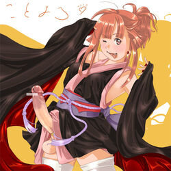 1futa blush censored clothing copyright_request cute_fang earrings full-package_futanari futa_only futanari futanari_vampire intersex japanese_clothes jewelry kimono obi penis penis_under_kimono pointless_censoring red_hair solo solo_futa testicles tongue vampire wink yozora