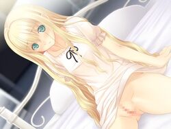 1girls blonde_hair blush bottomless censored clitoris dutch_angle female female_only flat_chest france_shoujo game_cg green_eyes invitation long_hair no_panties ribbon shoujo_(france_shoujo) sitting solo taka_tony upset