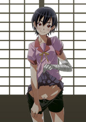 1girls bakemonogatari bandage bandaged_hand bandages bike_shorts bike_shorts_pull black_hair brown_eyes censored female head_tilt highres kanbaru_suruga looking_at_viewer monogatari_(series) mosaic_censoring pleated_skirt presenting pussy pussy_juice pussy_juice_trail ribbon school_uniform short_hair shorts shorts_pull skirt skirt_lift smile solo tomboy yada_ei