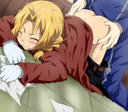 2boys anal anal_sex ass blonde_hair blush clenched_teeth closed_eyes color doggy_style edward_elric femboy forced_yaoi from_behind fullmetal_alchemist gay girly gloves hands_on_ass male male_only multiple_boys pants_pulled_down ponytail punchiki rape roy_mustang sex tied_hair uniform white_gloves yaoi