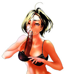 black_bra blonde_hair bra cum cum_in_mouth cum_on_tongue fellatio highres lingerie magic_penis nail_polish oral original penis red_eyes sammohung short_hair straight_hair tongue underwear