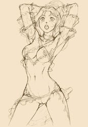 arms_up breasts collarbone doku_sasori female final_fantasy final_fantasy_xi midriff mithra monochrome navel nipples open_mouth ponytail pussy sketch solo standing text tied_hair