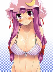 bikini breasts checkered checkered_bikini cleavage cum cum_on_body cum_on_breasts cum_on_upper_body glasses hat huge_breasts large_breasts long_hair patchouli_knowledge purple_eyes purple_hair smile swimsuit teruteru-deru touhou