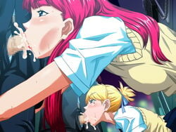 :>= a-10_(artist) blonde_hair blue_eyes blush censored cum cum_in_mouth fellatio female game_cg human lipstick magenta_hair makeup male mole multiple_girls oral penis perfect_hole pink_hair red_hair sakuragi_megu saliva shiomi_madoka straight sweat