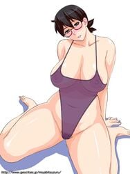 black_hair copyright_request glasses milf miyabi_tsuzuru one-piece_swimsuit plump pointy_chin pubic_hair see-through short_hair swimsuit