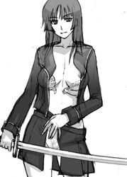 ari_sa_wa bra breasts ga-rei ga-rei_zero isayama_yomi katana lingerie masaharu_arisawa monochrome nipples no_panties pointy_chin pubic_hair school_uniform sketch sword underwear weapon