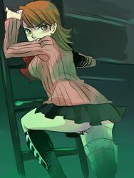 bottomless brown_eyes brown_hair cardigan censored donabe female footwear holster kneehighs ladder looking_back miniskirt no_panties persona persona_3 pussy pussy_juice school_uniform short_hair skirt socks solo thigh_holster upskirt wet yukari_takeba