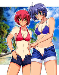 blush censored denim denim_shorts green_eyes lyrical_nanoha mahou_shoujo_lyrical_nanoha mahou_shoujo_lyrical_nanoha_strikers midriff no_panties nove open_fly open_shorts pubic_hair purple_hair pussy pussy_peek red_hair short_hair shorts subaru_nakajima tan tanline undressing unzipped yellow_eyes zakkii