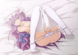 1girls anus breasts feet female female_only finger_to_lips finger_to_mouth fingering human legs_together long_hair lying masturbation natsume_riu no_bra panties panty_pull patchouli_knowledge purple_eyes purple_hair pussy_juice solo tears thighhighs touhou underwear