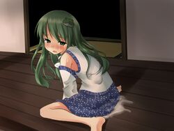 binsen blush detached_sleeves frog green_eyes green_hair hair_ornament long_hair pussy_juice sanae_kochiya snake tears touhou