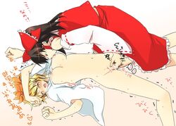 arms_up breast_licking breasts female fingering hair_ornament human lying multiple_girls orgasm reimu_hakurei ribbon soumendaze toramaru_shou touhou translation_request yuri