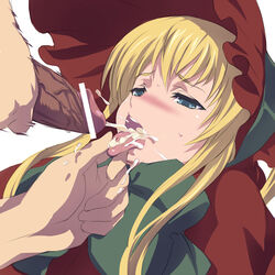 1boy 1girls akira02 blonde_hair blue_eyes blush censored cum cum_in_mouth cum_on_tongue dark_penis duo ejaculation female femsub holding_tongue male maledom open_mouth penis projectile_cum rozen_maiden shinku straight tongue tongue_grab tongue_pull