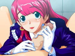 1boy 1girls blue_eyes blush censored clothed_female_nude_male earrings female game_cg gloved_handjob gloves handjob human jewelry light-skinned_female light-skinned_male light_skin lipstick makeup male penis perfect_hole pink_hair pov red_hair sakuragi_megu straight uniform white_gloves