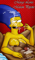 abs after_fellatio areola bed big_breasts blue_hair breasts brown_skin chesty_larue cum cum_covered dark-skinned_male dark_skin excessive_cum facial interracial male marge_simpson nipples on_back paizuri straight the_simpsons unseen_male_face veiny_penis