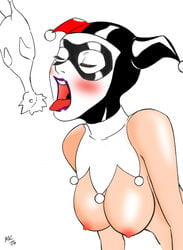 00s 1girls 2000s 2006 batman:_the_animated_series batman_(series) blush breasts dc_comics dcau female female_only hanging_breasts harley_quinn harley_quinn_(classic) mac_(artist) nipples rubber_chicken solo topless what