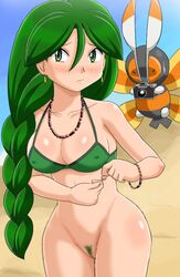 beige_skin blush bottomless bra bracelet breasts camera cheryl_(pokemon) closed_mouth clothes color day ear_piercing female front_view green_eyes green_hair hair holding human interspecies long_green_hair long_hair mothim necklace nintendo nude open_eyes outdoors piercing pokemoa pokemon pokemon_dppt pubic_hair pussy round_ears standing unknown_gender vulva