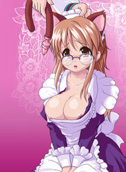 animal_ears asahina_mikuru blush breasts brown_eyes brown_hair butt_plug_tail buttplug buttplug_tail cat_ears cleavage female flower glasses human large_breasts lipstick long_hair maid maid_headdress makeup mion_orz nipple_slip nipples no_bra open_mouth sitting suzumiya_haruhi_no_yuuutsu tail tears