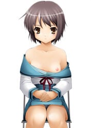 bare_shoulders blush breast_slip breasts chair collarbone female female_only grey_hair hands_together human kirin_kakeru nagato_yuki nipple_slip nipples no_bra one_breast_out panties pink_nipples school_uniform seifuku serafuku sitting solo striped striped_panties suzumiya_haruhi_no_yuuutsu topless underwear yellow_eyes