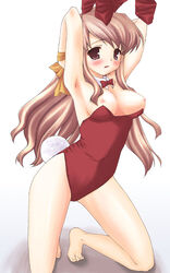 animal_ears armpits arms_behind_head asahina_mikuru bare_legs barefoot blush bondage bound bowtie breasts breasts_out bunny_ears bunny_tail bunnysuit detached_collar female female_only human kneeling long_hair nipple_slip nipples nishikiori_jin nishikiori_kami pink_eyes pink_hair sexy_armpits solo suzumiya_haruhi_no_yuuutsu tail tears wing_collar