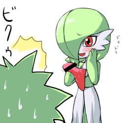 blush censored color dress gardevoir green_hair japanese_text monophallia penis penis_positioned_at_chest pokémon_(species) pokemon pokemon_(species) pokemon_focus pokemon_rse pokephilia red_eyes shocked smile sweatdrop text wally_(pokemon) what white_background