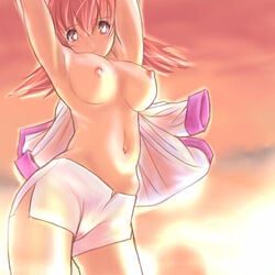 00s beige_skin breasts clothes color female female_only gym_leader human human_only light-skinned_female light_skin long_hair looking_at_viewer navel nintendo nipples open_eyes otsukare pink_hair pokemon pokemon_gsc short_shorts shorts solo topless twintails white_shorts whitney_(pokemon)