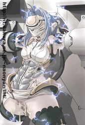 00s 1girls android armor bdsm blue_hair bondage bound breasts censored electricity kos-mos large_breasts machine open_mouth screaming tasaka_shinnosuke thighhighs url visor xenosaga zettai_ryouiki