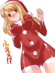 asahina_mikuru blonde_hair blush bodypaint breasts christmas erect_nipples false_clothes female from_below long_hair looking_at_viewer nipples nude orange_eyes painted_clothes pussy santa_hat shinama simple_background solo suzumiya_haruhi_no_yuuutsu tears translation_request wavy_mouth