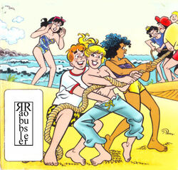 4girls archie_andrews archie_comics betty_and_veronica betty_cooper black_hair blonde_hair dark-skinned_female dark_skin ethel_muggs hand_in_pants moose_mason multiple_girls nancy_woods rabblerouser reggie_mantle tug_of_war veronica_lodge