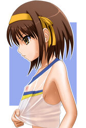 breasts brown_hair female female_only human see-through shirt short_hair solo suzumiya_haruhi suzumiya_haruhi_no_yuuutsu wet wet_clothes wet_shirt wetshirt yellow_eyes