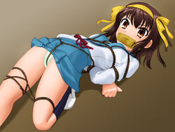 bondage bound breast_bondage breasts brown_hair crotch_rope female female_only gag gagged human kannazuki_okuto matanawa rope short_hair solo suzumiya_haruhi suzumiya_haruhi_no_yuuutsu tape tape_gag taped_mouth tied_up