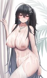 1girls ahoge areolae azur_lane black_hair blush breasts bukkake cum cum_on_body ear_piercing female hair_ornament hips huge_breasts jewelry large_areolae light-skinned_female light_skin long_hair naughty_face necklace nipple_piercing nipples pierced_nipples red_eyes side_ponytail side_slit siu_(siu0207) slim_waist smile taihou_(azur_lane) taihou_(temptation_on_the_sea_breeze)_(azur_lane) thick_thighs thighhighs thighs white_dress wide_hips