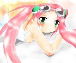 1girls beige_skin blush breasts clothes color eyewear female female_only genius_sonority goggles green_eyes hair human human_only long_hair looking_at_viewer looking_right lovrina_(pokemon) nipples open_eyes pink_hair pokemon pokemon_xd round_ears side_view solo tied_hair twintails