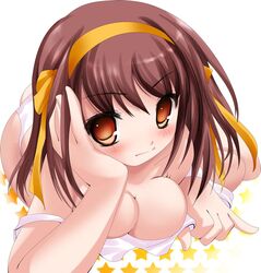 arm_support blush breasts brown_eyes brown_hair camisole female female_only hairband human namamo_nanase panties short_hair solo strap_slip suzumiya_haruhi suzumiya_haruhi_no_yuuutsu tomoeda underwear white_panties