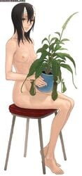 bandage bandage_around_head barefoot black_eyes black_hair capcom charley_the_plant flat_chest gyakuten_saiban gyakuten_saiban_3 looking_at_viewer low_res nude pitcher_plant plant shikabane_urami sitting small_breasts smile stool viola_cadaverini white_background