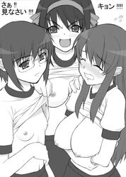 asahina_mikuru blush breasts bust_chart chart comparison flat_chest glasses huge_breasts long_hair monochrome nagato_yuki shichimenchou shirt_lift short_hair suzumiya_haruhi suzumiya_haruhi_no_yuuutsu tears translated