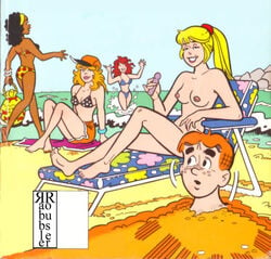 4girls archie_andrews archie_comics beach betty_and_veronica betty_cooper black_hair blonde_hair breasts dark-skinned_female dark_skin dildo multiple_girls nancy_woods nude rabblerouser