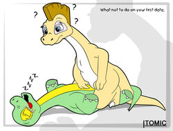 2010 amber_(character) blue_eyes blush dink_the_little_dinosaur english_text eyes_closed feral first_porn_of_franchise green_scales open_mouth question_mark questionable_consent scalie sleep_molestation sleep_sex sleeping somnophilia tagme tan_scales tongue_out