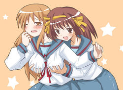 2girls aki_masanari asahina_mikuru breast_grab breasts brown_hair female female_only human multiple_females multiple_girls school_uniform seifuku serafuku short_hair suzumiya_haruhi suzumiya_haruhi_no_yuuutsu yuri