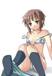 arm_support black_kneehighs black_legwear bra female female_only footwear green_bra green_panties human kneehighs lingerie nagato_yuki open_bra panties short_hair sitting skirt_pull socks solo strap_slip striped striped_bra striped_panties suzumiya_haruhi_no_yuuutsu underwear yuuji