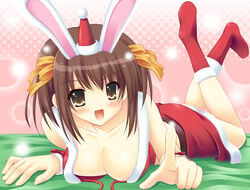 animal_ears areola areolae breasts brown_hair bunny_ears christmas female female_only footwear human nipple_slip nipples on_stomach short_hair socks solo suzumiya_haruhi suzumiya_haruhi_no_yuuutsu uehiro