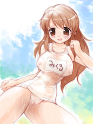 akiyoshi_yoshiaki asahina_mikuru female female_only human name_tag one-piece_swimsuit school_swimsuit see-through solo suzumiya_haruhi_no_yuuutsu swimsuit wet white_school_swimsuit